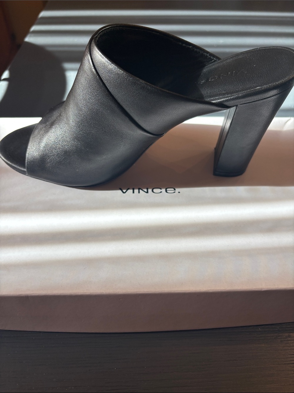Vince Black Leather Open-Toe Mule Heels